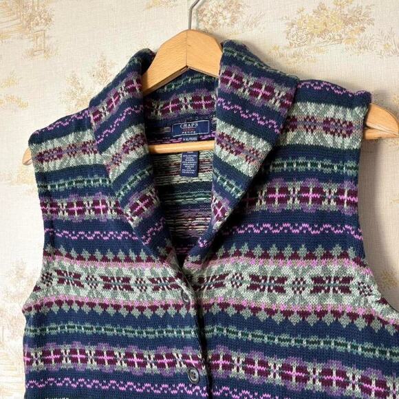 Vintage 90s Chaps Fair Isle Sweater Vest Womens Petite XL Fits M Cabincore - Picture 2 of 6